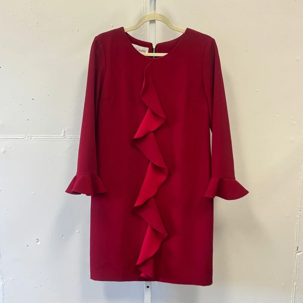 NWT Sara Campbell Red Crepe Cascade Ruffle Shift Dress Flounce Cuff Size‎ 8